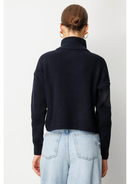 Yakası Fermuarlı Selanik Örgü Triko Kazak-SİYAH