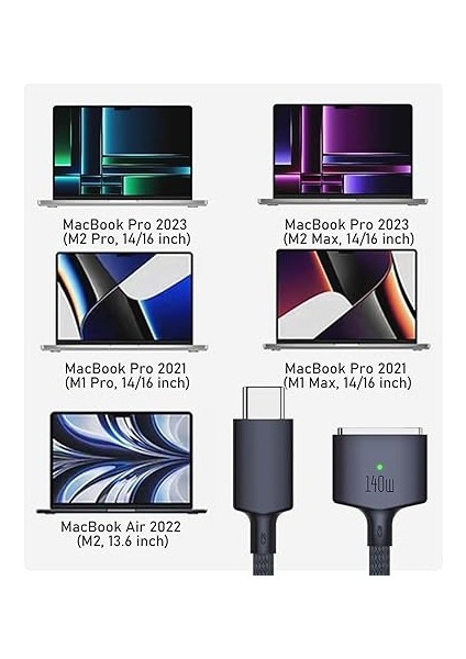 140W Usb-C - Manyetik 3 Kablo, MacBook Air (M2, 2022) ve MacBook Pro 14" 16" (M2, 2023), MacBook Pro 14" 16" (M1, 2021), MacBook Için Güvenli 3 Şarj Kablosu - 6.6ft (Gece Yarısı) fırsatları