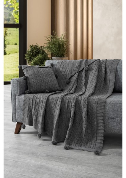 2'li Takım Ponponlu Triko Örme Kırlent Kılıfı & Tv Battaniyesi- Omuz & Koltuk Şalı Seti-Koyu Gri