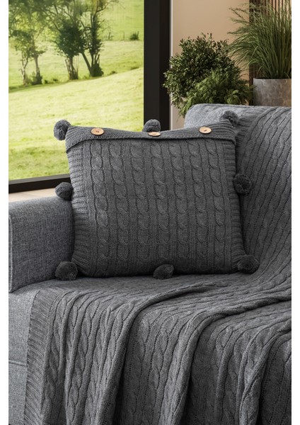 2'li Takım Ponponlu Triko Örme Kırlent Kılıfı & Tv Battaniyesi- Omuz & Koltuk Şalı Seti-Koyu Gri fiyatları