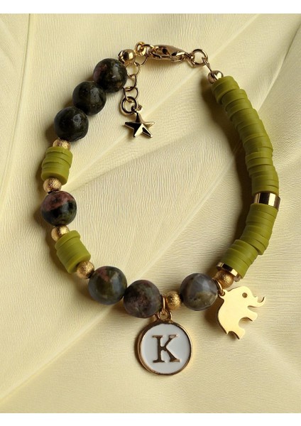 Yeşil Akik ve Fimo Boncuklu Fil ve Harf Charmlı Kadın Bileklik fiyatları