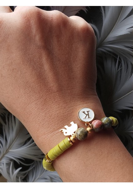 Yeşil Akik ve Fimo Boncuklu Fil ve Harf Charmlı Kadın Bileklik modelleri