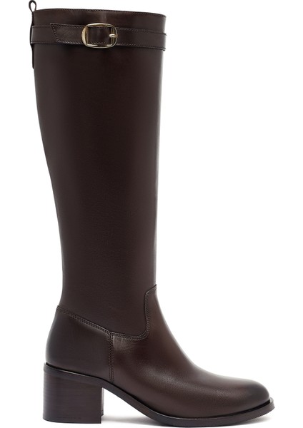 Kadın Kahverengi Fermuarlı Kalın Topuklu Deri Çizme 25WFD282018