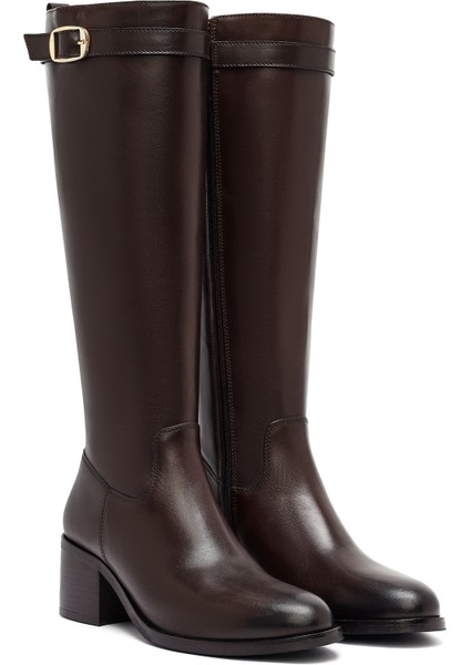 Kadın Kahverengi Fermuarlı Kalın Topuklu Deri Çizme 25WFD282018 indirimleri