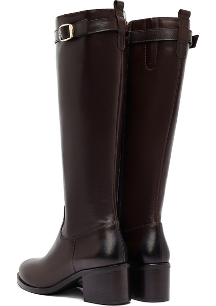 Kadın Kahverengi Fermuarlı Kalın Topuklu Deri Çizme 25WFD282018