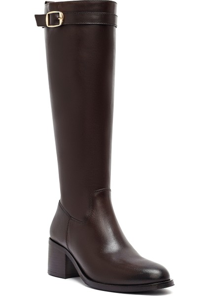 Kadın Kahverengi Fermuarlı Kalın Topuklu Deri Çizme 25WFD282018