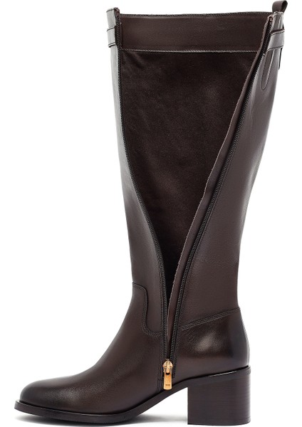 Kadın Kahverengi Fermuarlı Kalın Topuklu Deri Çizme 25WFD282018