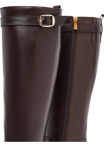 Kadın Kahverengi Fermuarlı Kalın Topuklu Deri Çizme 25WFD282018