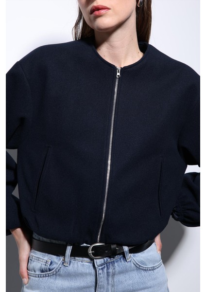 Lacivert Bel Lastikli Crop Kadın Mont