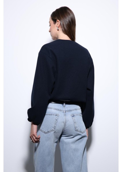 Lacivert Bel Lastikli Crop Kadın Mont