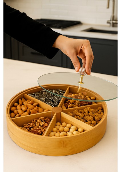 MIEN-963 Bambu Yuvarlak 6 Bölmeli Kapaklı Çerezlik – Pleksi Kapaklı Gold Taşlı Dekoratif Kutu 25 cm