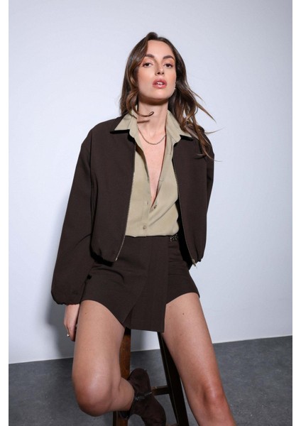 Kahve Fermuarlı Bomber Kadın Ceket modelleri