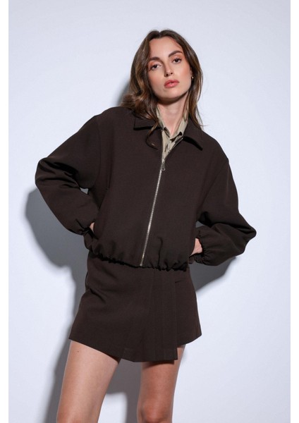 Kahve Fermuarlı Bomber Kadın Ceket