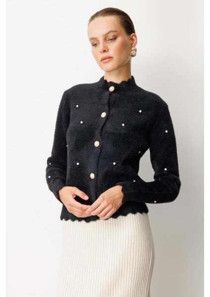 Boncuk Detaylı Triko Hırka-SİYAH