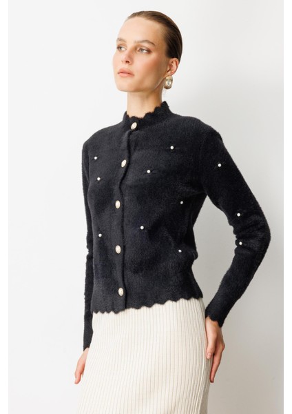 Boncuk Detaylı Triko Hırka-SİYAH