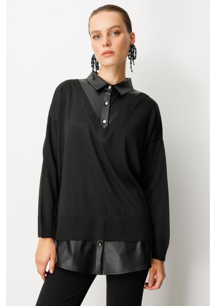 Deri Detaylı Polo Yaka Triko Kazak-Siyah