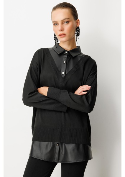 Deri Detaylı Polo Yaka Triko Kazak-Siyah fiyatları