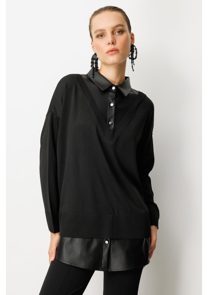 Deri Detaylı Polo Yaka Triko Kazak-Siyah modelleri