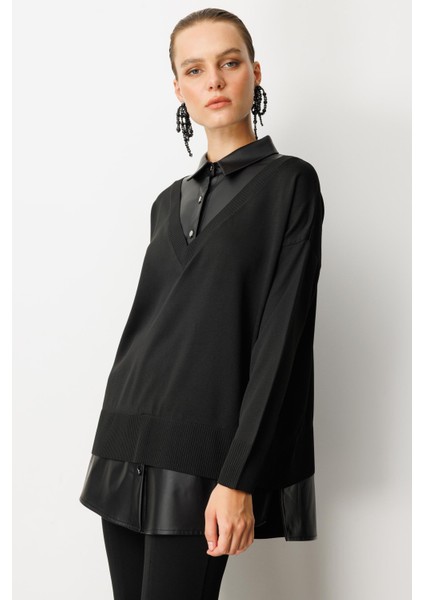 Deri Detaylı Polo Yaka Triko Kazak-Siyah fırsatları