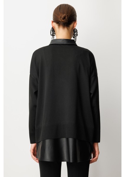 Deri Detaylı Polo Yaka Triko Kazak-Siyah indirimleri