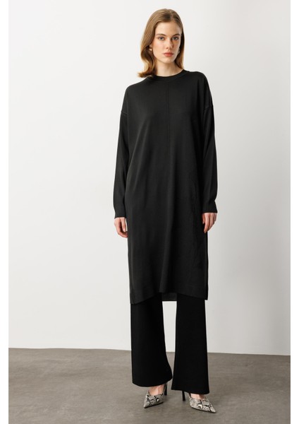 Yuvarlak Yaka Desenli Triko Tunik-Siyah