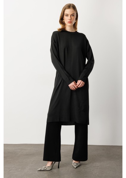 Yuvarlak Yaka Desenli Triko Tunik-Siyah modelleri