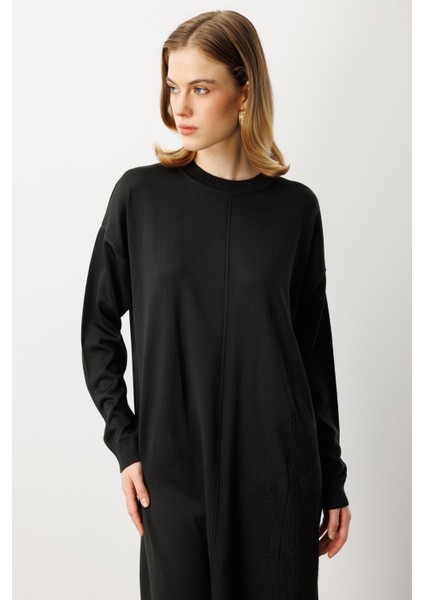 Yuvarlak Yaka Desenli Triko Tunik-Siyah indirimleri