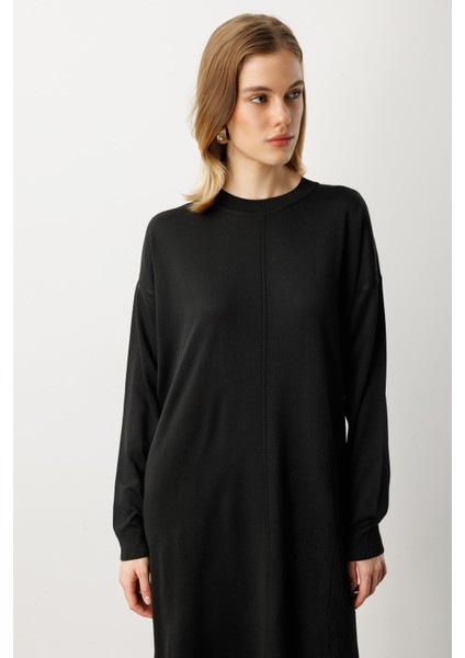 Yuvarlak Yaka Desenli Triko Tunik-Siyah