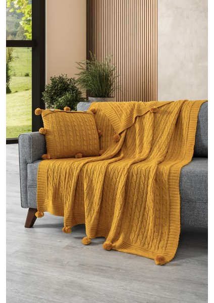 2'li Takım Ponponlu Triko Örme Kırlent Kılıfı & Tv Battaniyesi- Omuz & Koltuk Şalı Seti-Hardal