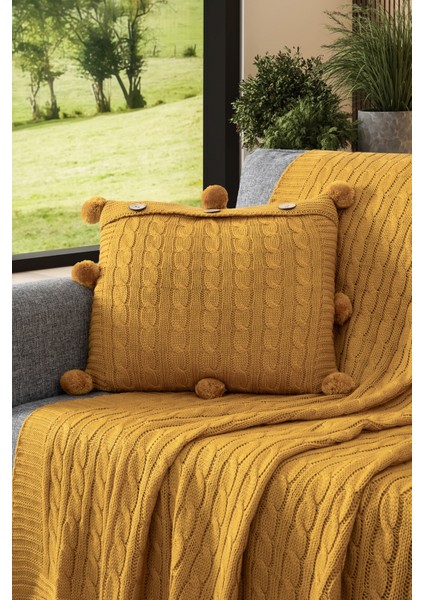 2'li Takım Ponponlu Triko Örme Kırlent Kılıfı & Tv Battaniyesi- Omuz & Koltuk Şalı Seti-Hardal fiyatları