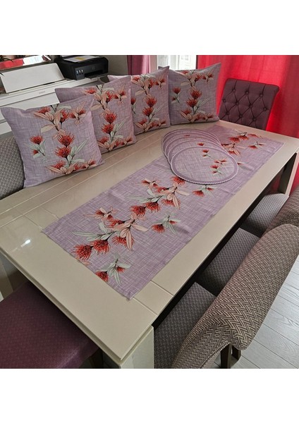 Keten Efektli Tropikal Çiçekli Kırlent - Supla- Runner Takım