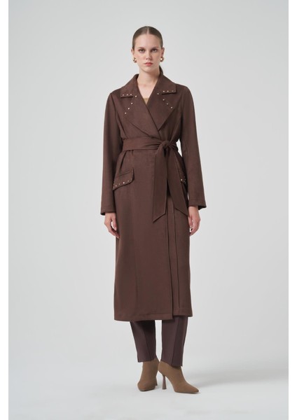 6029 Zımba Detaylı Geniş Yaka Önü Açık Kuşaklı Nubuk Kap