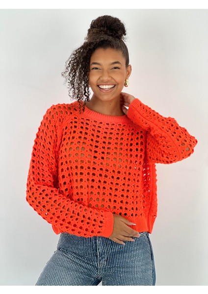 Kadın Delikli Örgü Bisiklet Yaka Oranj Crop Kazak