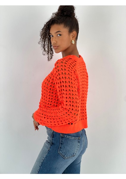 Kadın Delikli Örgü Bisiklet Yaka Oranj Crop Kazak fiyatları