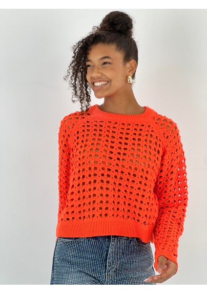 Kadın Delikli Örgü Bisiklet Yaka Oranj Crop Kazak fırsatları