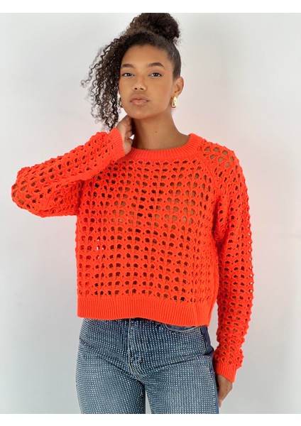 Kadın Delikli Örgü Bisiklet Yaka Oranj Crop Kazak indirimleri