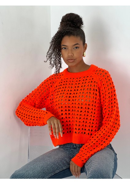 Kadın Delikli Örgü Bisiklet Yaka Oranj Crop Kazak