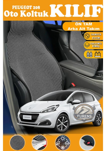 Peugeot 208 Uyumlu Siyah Prestij Serisi Dokuma Kumaş Oto Koltuk Kılıfı Ön Tam Arka Alt