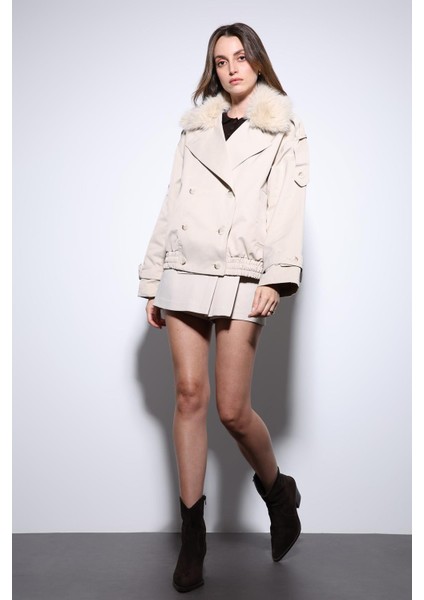 Bej Suni Kürklü Kısa Kadın Trençkot indirimleri