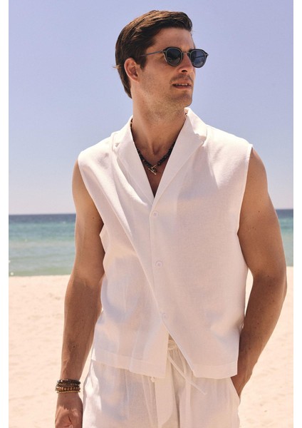 Ekru Keten Karışımlı Kolsuz Erkek Gömlek