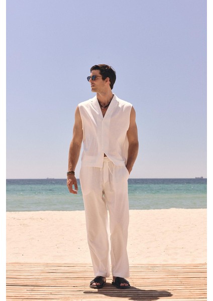 Ekru Keten Karışımlı Kolsuz Erkek Gömlek fiyatları