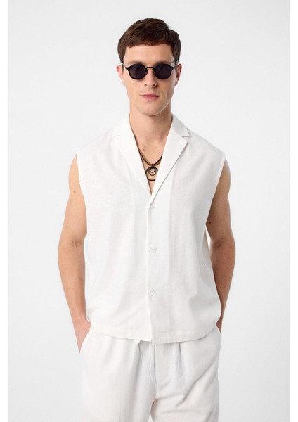 Ekru Keten Karışımlı Kolsuz Erkek Gömlek modelleri