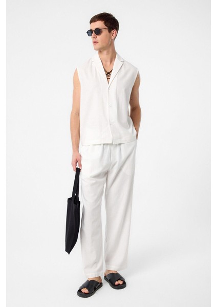 Ekru Keten Karışımlı Kolsuz Erkek Gömlek fırsatları