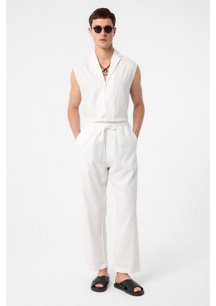 Ekru Keten Karışımlı Kolsuz Erkek Gömlek indirimleri