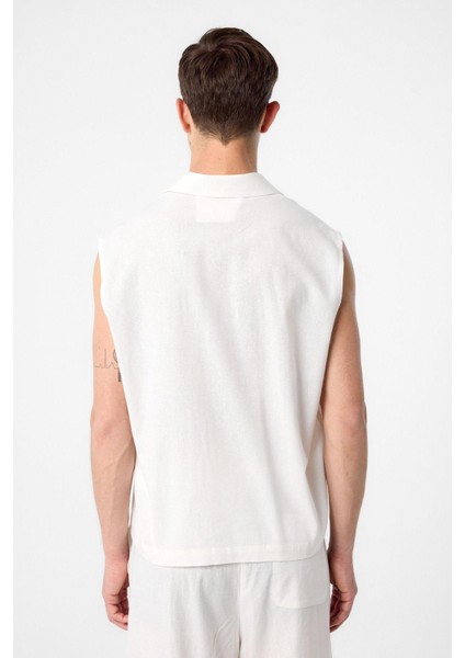 Ekru Keten Karışımlı Kolsuz Erkek Gömlek