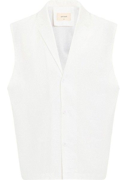 Ekru Keten Karışımlı Kolsuz Erkek Gömlek