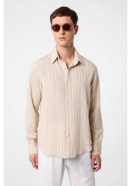 Bej Relax Fit Çizgili Erkek Gömlek