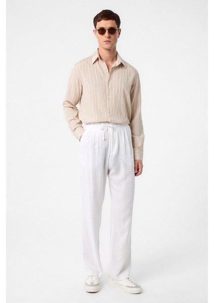 Bej Relax Fit Çizgili Erkek Gömlek fiyatları