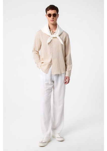 Bej Relax Fit Çizgili Erkek Gömlek modelleri