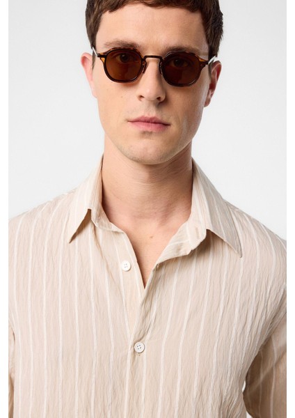 Bej Relax Fit Çizgili Erkek Gömlek fırsatları